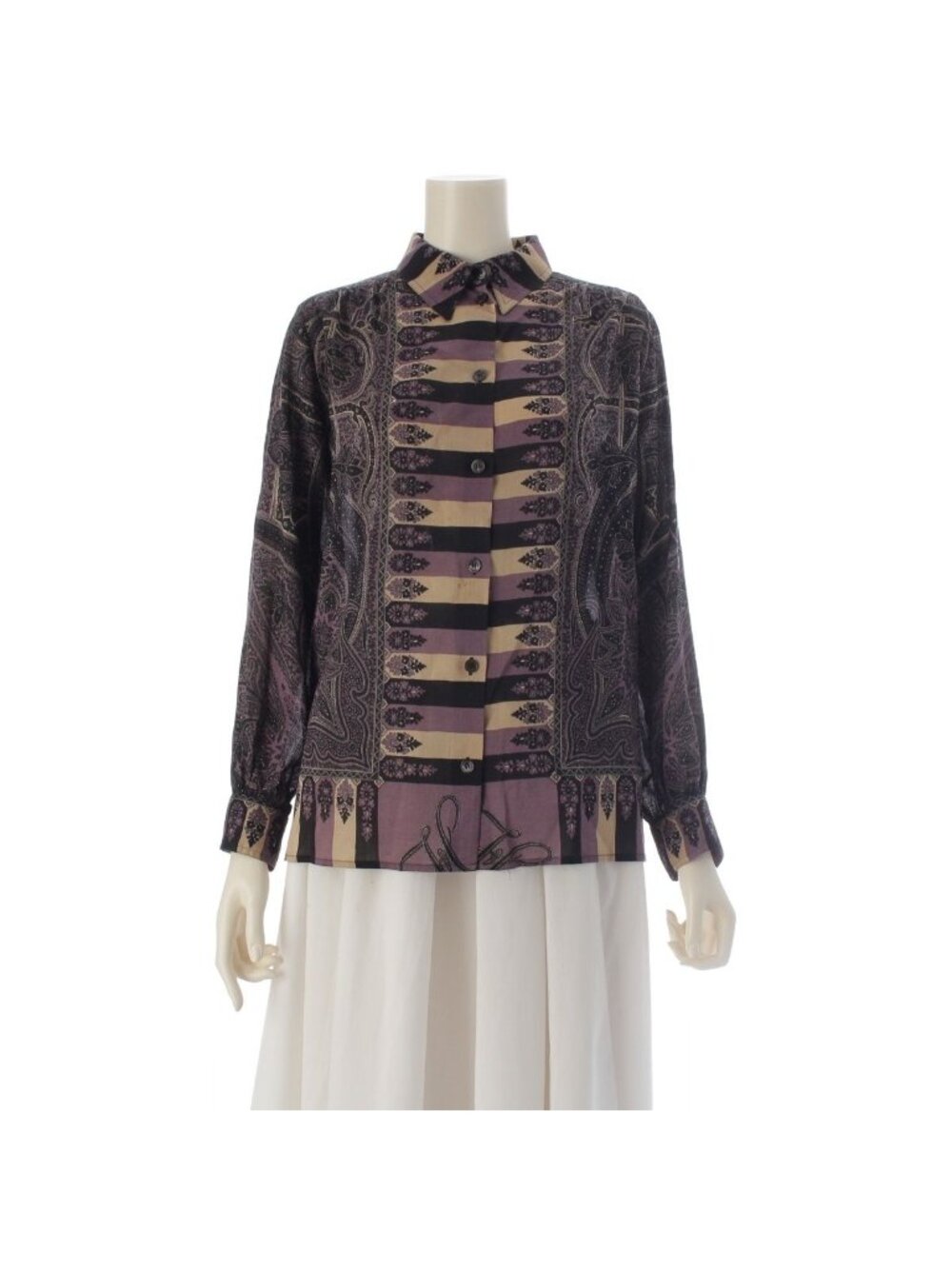 Hermes Wool Silk All Over Print Long Sleeve Shirt Blouse Purple 36